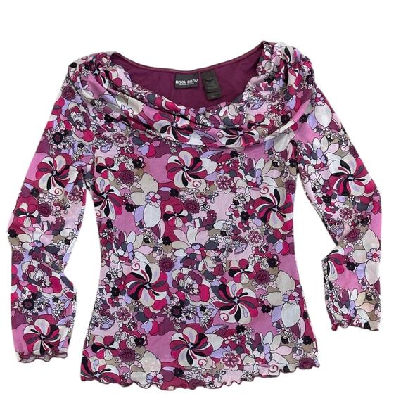 Y2k Bisou Bisou Psychedelic Floral Scoop Neck Blouse - Picture 2 of 6
